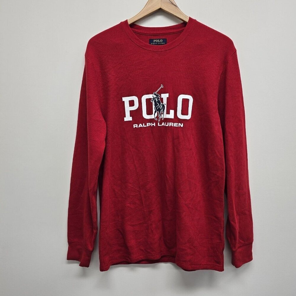 POLO Ralph Lauren Men's Large Red Sleepwear Shirt Waffle Knit Big Logo Long Slv